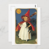 Carte Postale Halloween à l'ancienne, sorcière fille avec chat n (Devant / Derrière)