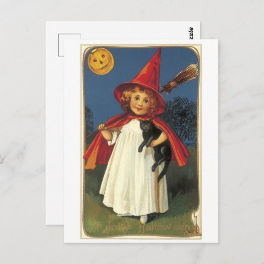 Carte Postale Halloween à l'ancienne, sorcière fille avec chat n (Devant / Derrière)