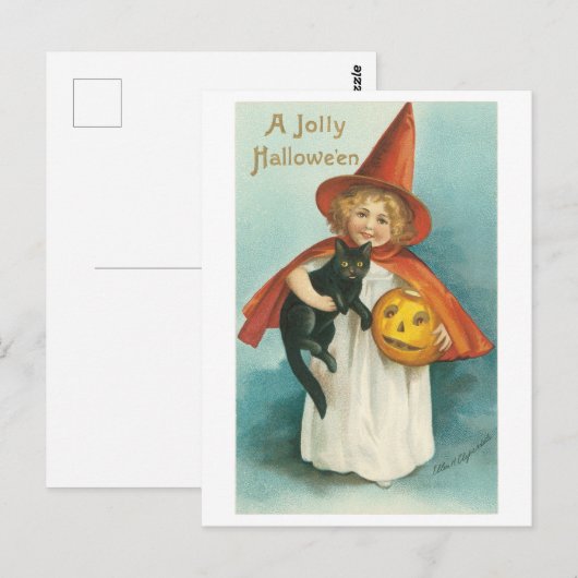 Carte Postale Halloween à l'ancienne, sorcière fille avec chat n (Devant / Derrière)