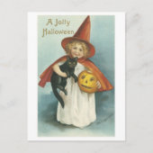 Carte Postale Halloween à l'ancienne, sorcière fille avec chat n (Devant)