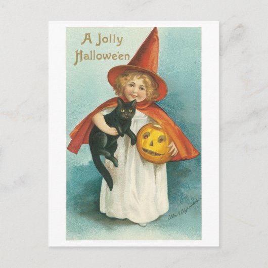 Carte Postale Halloween à l'ancienne, sorcière fille avec chat n (Devant)
