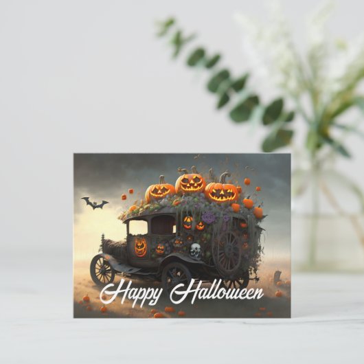 Carte Postale Halloween automobile ancienne et citrouilles (Debout devant)