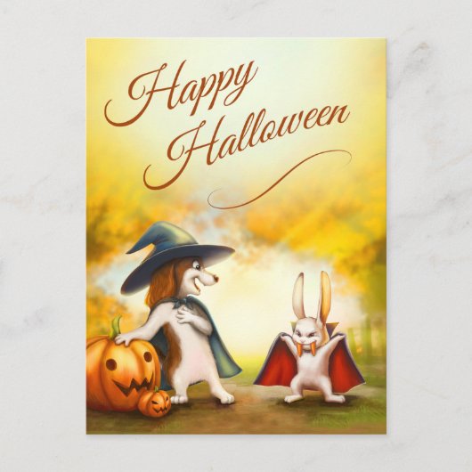 Carte postale Halloween avec animaux mignons (Devant)