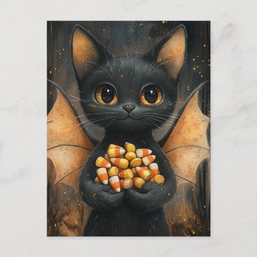 Carte Postale Halloween Bat Cat With Candy (Devant)