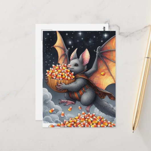 Carte Postale Halloween Bat Flying Squirrel Hybrid with Candy (Devant/Arrière en situation)