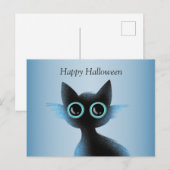 Carte Postale Halloween Big Eyes Black Blue Evil Chat (Devant / Derrière)