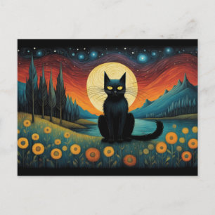 Carte Postale Halloween Black Cat Mountain Lakeside Pleine lune