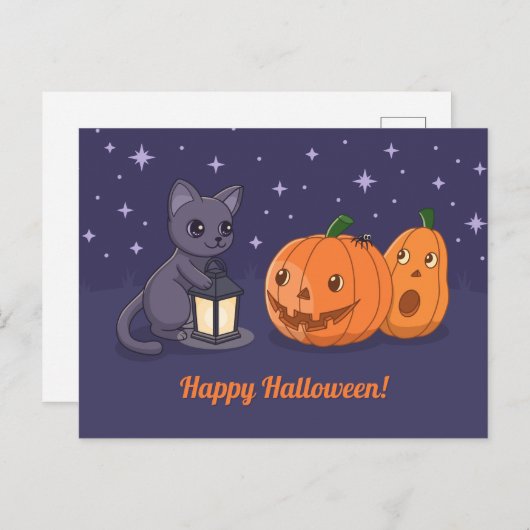 Carte Postale Halloween Black Cat Pumpkins Lantern Purple (Devant / Derrière)