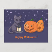 Carte Postale Halloween Black Cat Pumpkins Lantern Purple (Devant)