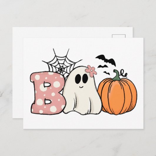 Carte Postale Halloween Boo Ghost Citrouille Bats Cobweb (Devant / Derrière)