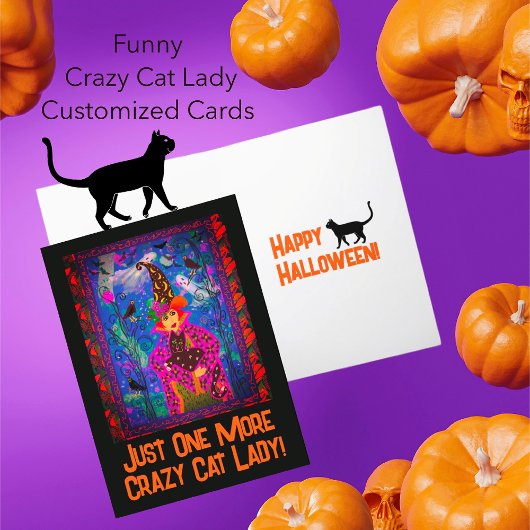Carte Postale Halloween branché Customisé Crazy Cat Lady Witch