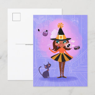 Carte Postale Halloween Brown sorcière de cheveux Lavande et ros