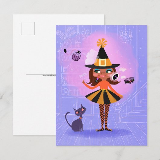 Carte Postale Halloween Brown sorcière de cheveux Lavande et ros (Devant / Derrière)