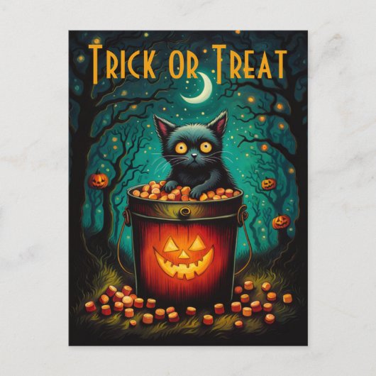 Carte Postale Halloween Candy Bucket Et Chat Noir (Devant)