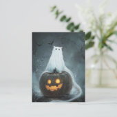 Carte Postale Halloween Cat Ghost sur Jack-o'-lantern (Debout devant)