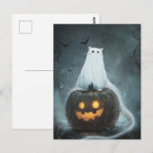Carte Postale Halloween Cat Ghost sur Jack-o'-lantern (Devant / Derrière)