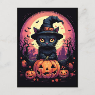 Carte Postale Halloween CAT noir avec Citrouille et CASQUETTE de