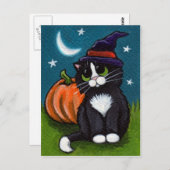 Carte Postale Halloween Chat de sorcière et illustration Citroui (Devant / Derrière)