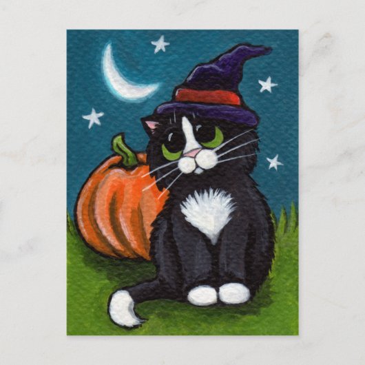 Carte Postale Halloween Chat de sorcière et illustration Citroui (Devant)