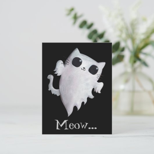 Carte Postale Halloween chat fantôme mignon (Debout devant)