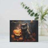 Carte Postale Halloween Chat Kitty Noir, Jack-o'-lantern Citroui (Debout devant)