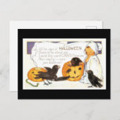 Carte Postale Halloween Chat noir, Enfant et Corbeau (Devant / Derrière)