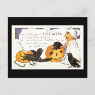 Carte Postale Halloween Chat noir, Enfant et Corbeau