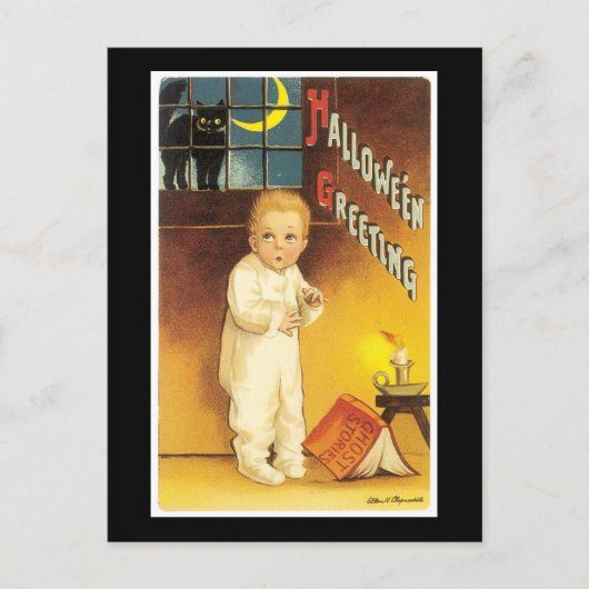 Carte Postale Halloween Chat noir et enfant (Devant)