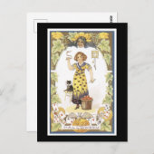 Carte Postale Halloween Chat noir et fille (Devant / Derrière)