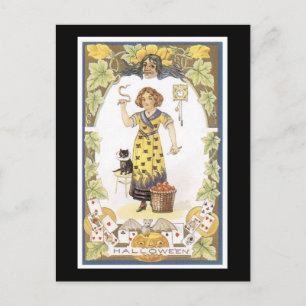 Carte Postale Halloween Chat noir et fille