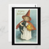 Carte Postale Halloween Chat noir et sorcière fille (Devant / Derrière)