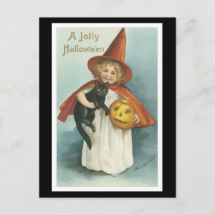Carte Postale Halloween Chat noir et sorcière fille