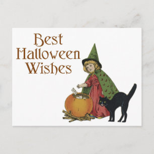 Carte Postale Halloween Chat noir et sorcière fille