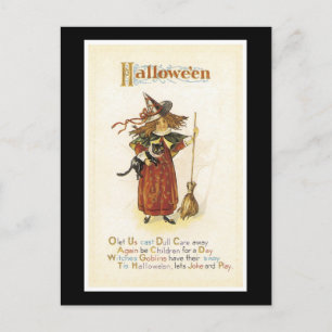 Carte Postale Halloween Chat noir et sorcière fille