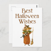 Carte Postale Halloween Chat noir et sorcière fille (Devant / Derrière)