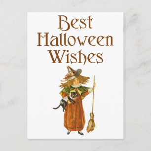 Carte Postale Halloween Chat noir et sorcière fille