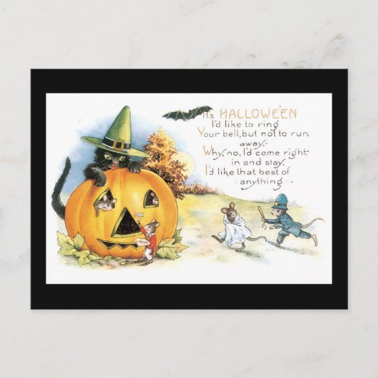 Carte Postale Halloween Chat noir et souris (Devant)