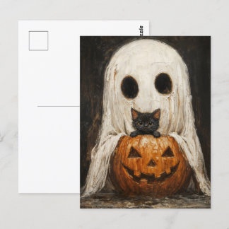 Carte Postale Halloween Chat noir & Fantôme - Éffrayant