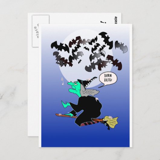 Carte Postale Halloween chauve-souris avec sorcière (Devant / Derrière)