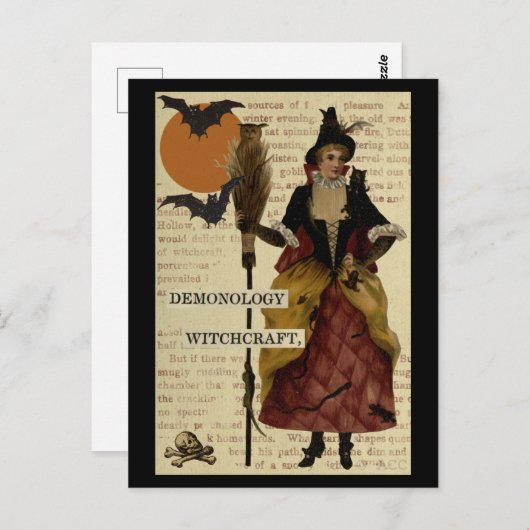 Carte Postale Halloween Chauve-souris Lune Chouette Crâne (Devant / Derrière)