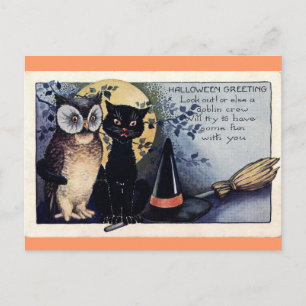 Carte postale Halloween Chouette et Chat Noir