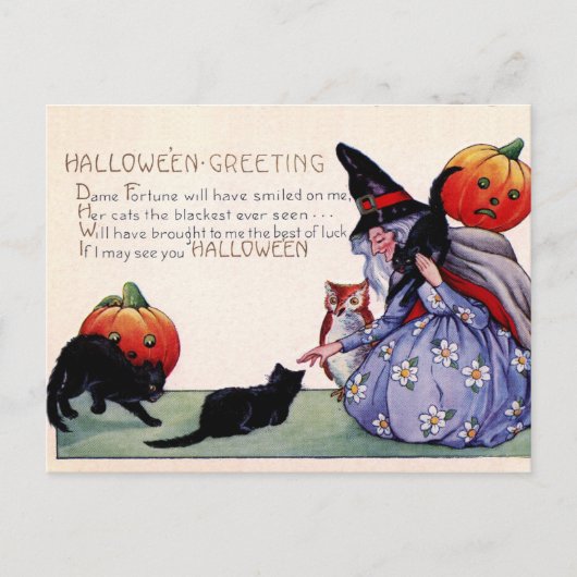 Carte postale Halloween Chouette vintage sorcière (Devant)