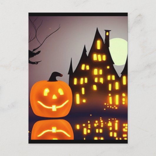 Carte Postale Halloween citrouille mignon et maison A.I. fun (Devant)