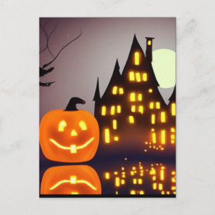 Carte Postale Halloween citrouille mignonne et maison amusant et