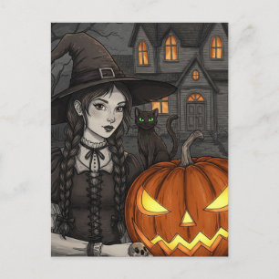 Carte postale Halloween Citrouille Sorcière Chat N