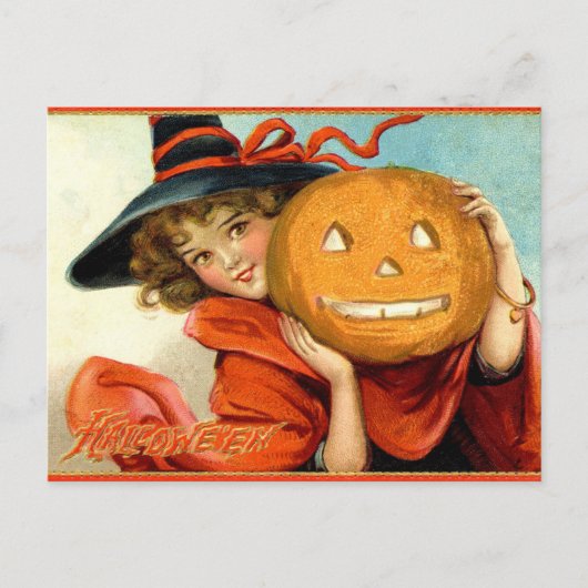 Carte postale Halloween Citrouille Sorcière Fille (Devant)