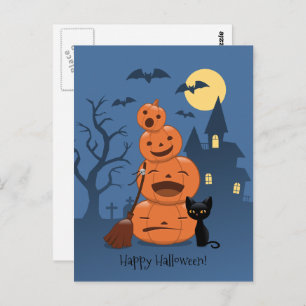 Carte Postale Halloween Citrouilles et chat noir