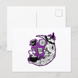 Carte Postale Halloween Croissant Lune crâne de sorcière