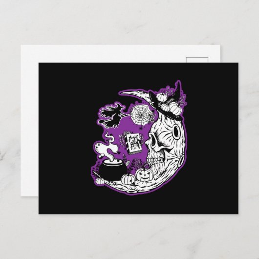 Carte Postale Halloween Croissant Lune crâne de sorcière (Devant / Derrière)