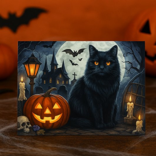 Carte postale Halloween de chat noir effrayant